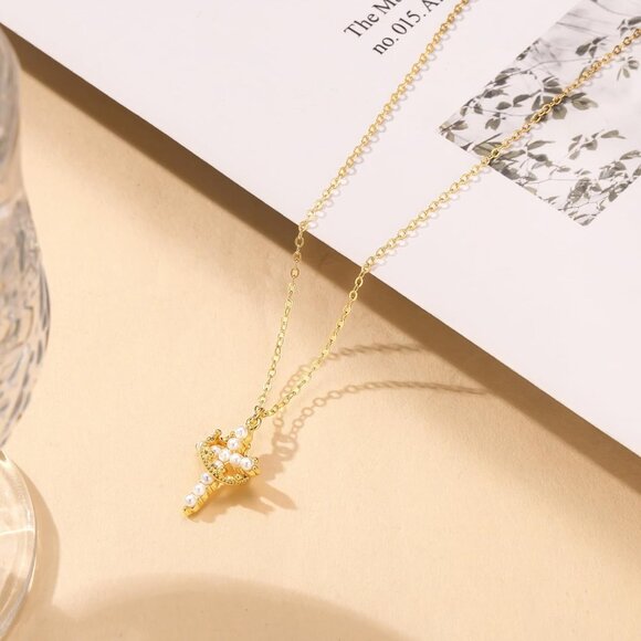 Perfect Gifts Women's Crown F Pearl Cross Necklace Gold Plated Faith Jewelry - Picture 5 of 7